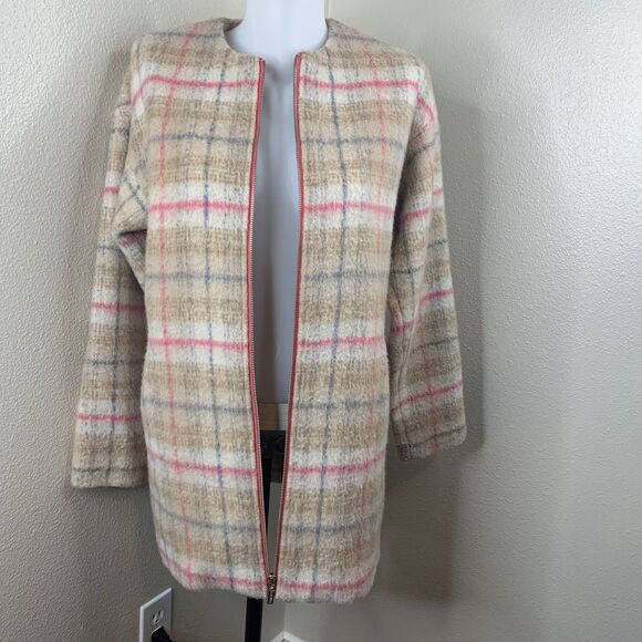 Bernardo Collarless Plaid Topper Full Zip Wool Blend Jacket Womens Sz S Pink Tan - Picture 4 of 9